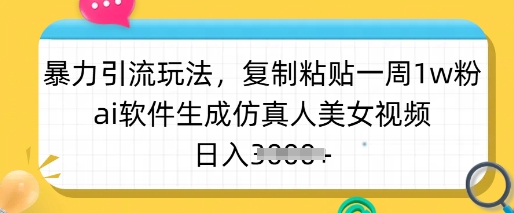 暴力引流玩法，复制粘贴一周1w粉，ai软件生成仿真人美女视频，日入多张-天涯云创